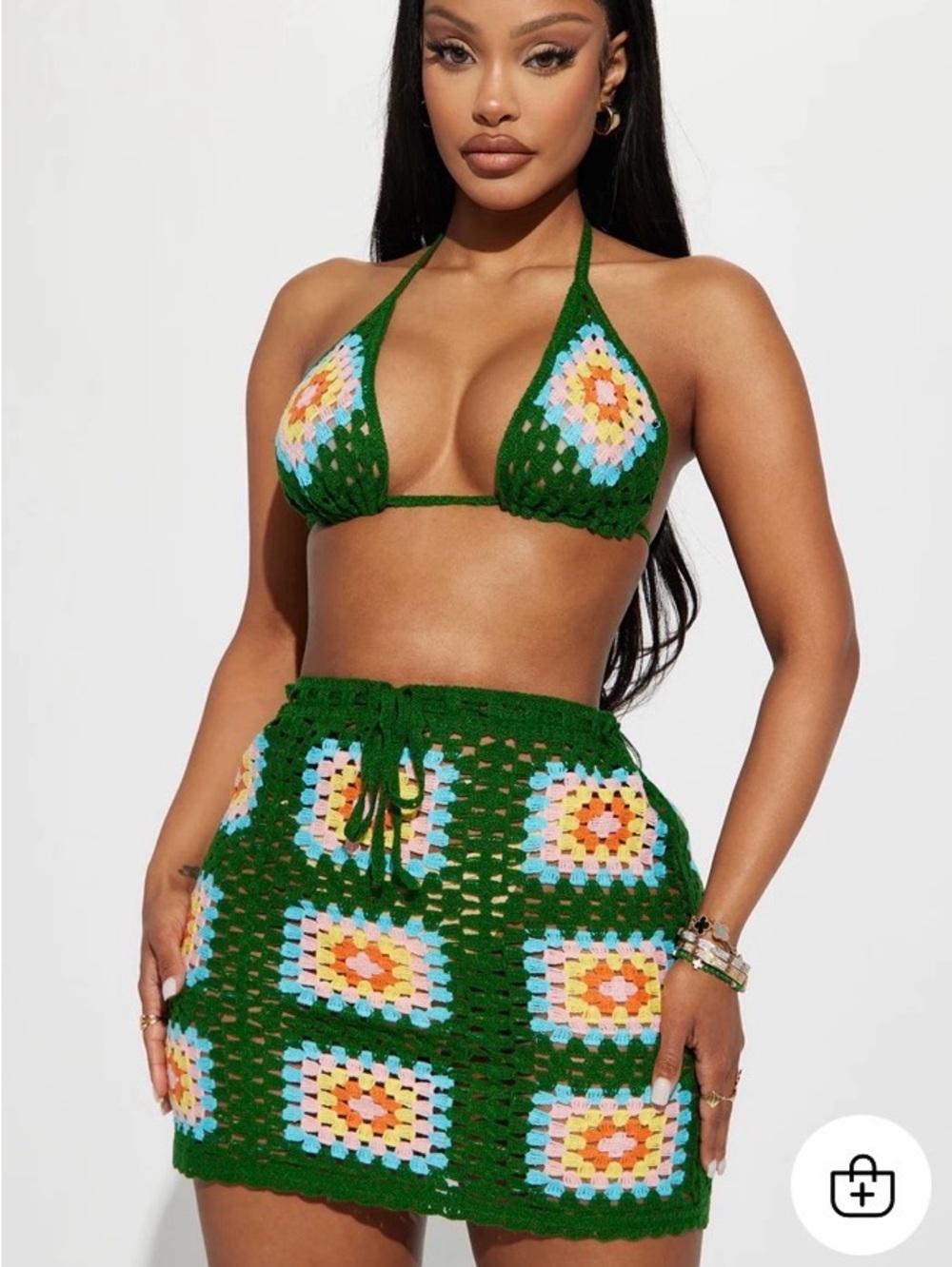 Fashion Nova Green Crochet Set with Multicolor Granny Squares